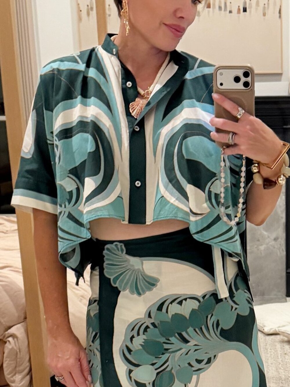 La DoubleJ Blooming Tulip Placée Mint Mini-Foulard Shirt in Cotton Muslin